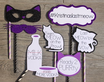 Cat Bachelorette Photo Props, Getting Meowied Pic Props, Purple & Black Bach Props with Personalized Hashtag