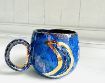 Gold leaf moon phases wheel thrown ceramic coffee mug #1 crescent handmade pottery with full moon 12oz waning and waxing...
