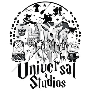 Könnte beinhalten: Schwarzweiß-Illustration eines kreisförmigen Designs mit ikonischen Attraktionen der Universal Studios, darunter Hogwarts Castle, der Hogwarts Express, ein Dinosaurier, ein Minion und das Universal Studios Logo. Der Text "Universal Studios" ist in einer fetten, stilisierten Schrift geschrieben.