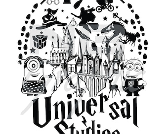 May include: Black and white illustration of a circular design featuring iconic Universal Studios attractions, including Hogwarts Castle, the Hogwarts Express, a dinosaur, a Minion, and the Universal Studios logo. The text "Universal Studios" is written in a bold, stylized font.