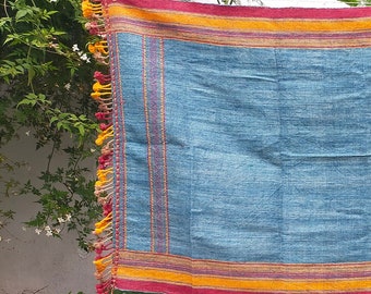 Handwoven Desi Wool Light Indigo Shawl/ Throw from Kutch, Gujarat
