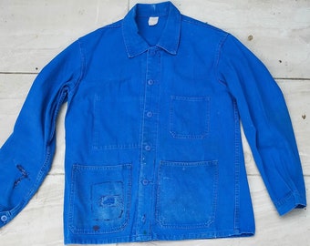 Vintage French 1950s 'Travail de Blue' Indigo Workwear Chore Shirt Jacket.