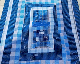 Indigo Stripe and Checked Lungi Kantha Quilt From India