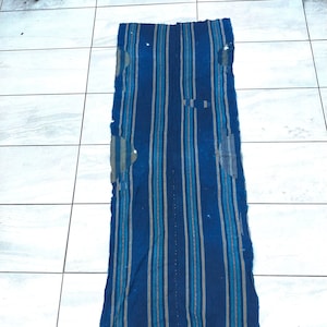 Pode incluir: Um tapete retangular de tecido listrado azul e branco, com uma aparência desgastada e desbotada. O tapete está deitado sobre um piso de ladrilhos.