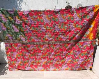 Vintage Hand Stitched Patchwork Kantha Blanket Quilt From India Made From Recycled Cotton Saris Hand Stitched Together.