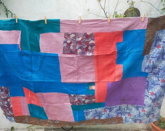 Vintage Hand Stitched Patchwork Kantha Blanket Quilt From India Made From Recycled Cotton Saris Hand Stitched Together.