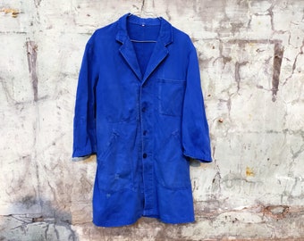 Vintage French Indigo Denim Chore Jacket Duster Coat Travail de Bleu