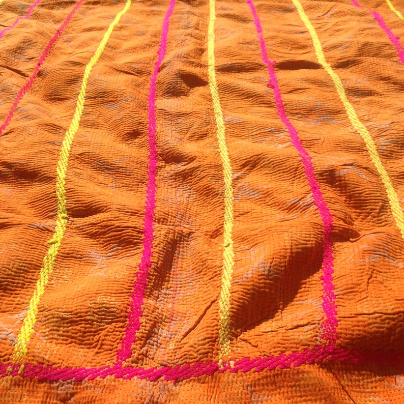 Orange And Pink Antique Kantha Patchwork Blanket/ Throw From West Bengal, India. 