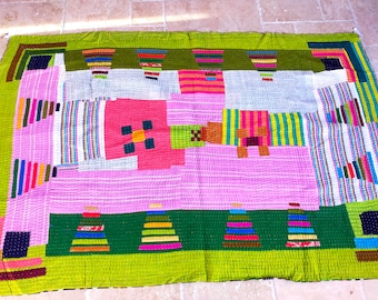 Siddi Kavand - Kantha Quilt - Trapunta singola o plaid, realizzata con ritagli di cotone riciclato - cucita a mano dalle donne del Karnataka, India