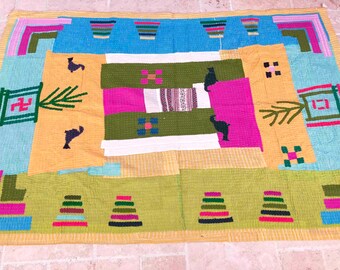 Siddi Tribal Patchwork Kantha Kawandi Quilted Single Blanket Made With Recycled Cotton In India