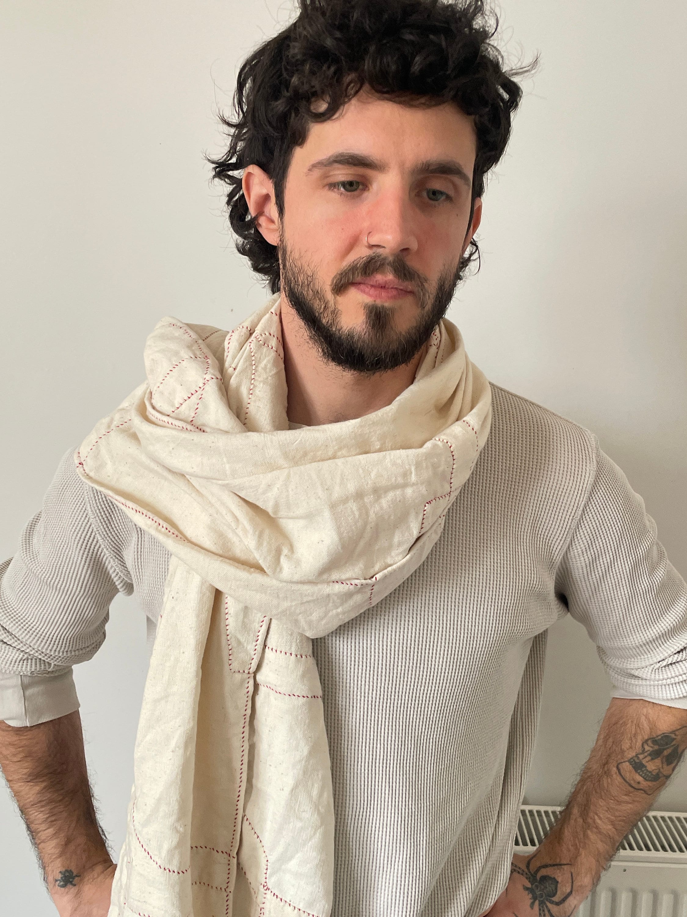 Hand-Stitched Sashiko Scarf Shawl Made From Handwoven Organic Cotton