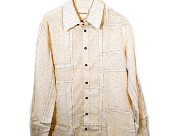 Camicia patchwork stampata a blocchi indaco: ritagli di cotone cuciti a mano