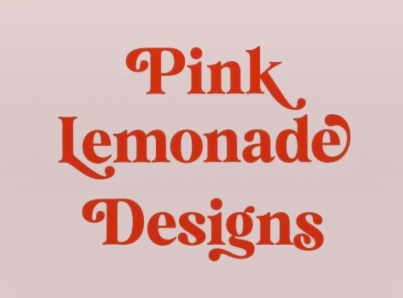 May include: A graphic design featuring the text Pink Lemonade Designs in a bold, red, serif typeface. The letters are arranged in three lines against a solid, light pink background, creating a clear and legible visual display of the brand name.