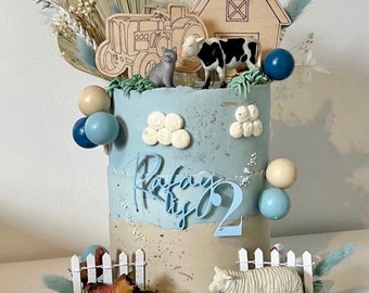 Wooden Barn and Tractor Cake Toppers with acrylic charm