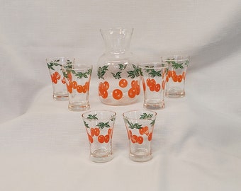 Orange Juice Set, Anchor Hocking Orange Juice Set, 7 Piece Set, One Carafe and 6 Glasses, Vintage Orange Juice Set, Anchor Hocking Glass