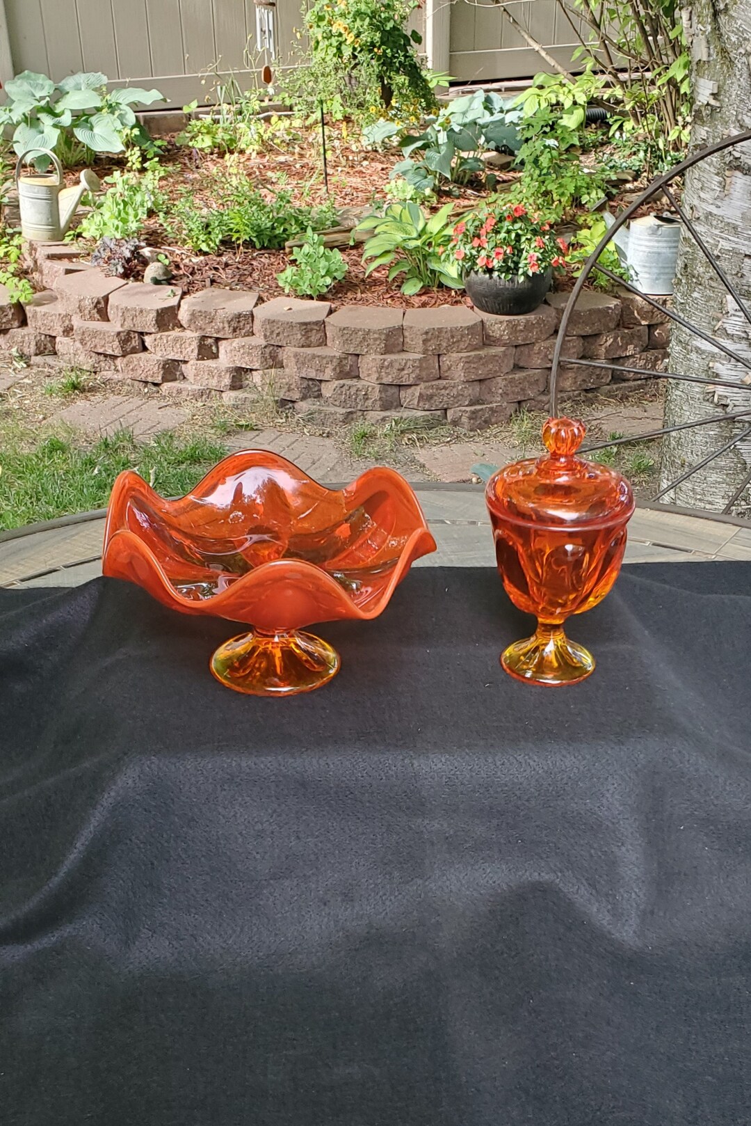 2 Piece Set Viking Persimmon Amberina Candy Dish and Footed Dish