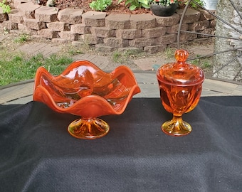 2 Piece Set Viking Persimmon Amberina Candy Dish and Footed Dish,  Viking Glass, Candy Dish, Pedestal  Glass Dish, Persimmon Viking Glass