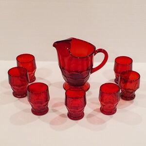 Viking 7 Piece Ruby Red Georgian Pitcher and Glasses, Ruby Red Pitcher and Glasses, MCM Ruby Glassware, Vintage Viking, Ruby Red Georgian