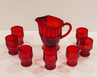 Viking 7 Piece Ruby Red Georgian Pitcher and Glasses, Ruby Red Pitcher and Glasses, MCM Ruby Glassware, Vintage Viking, Ruby Red Georgian