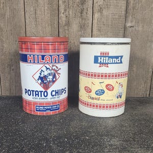 Set of 2 Vintage Hiland Potato Chips Tins, Hiland Potato Chip Canisters, Collectible Tins