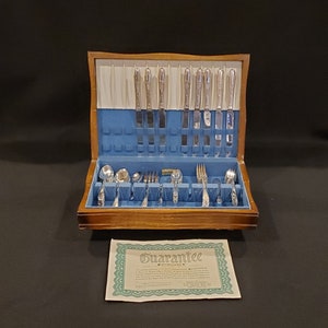 45 Piece Set of William Rogers & Sons Gardenia Patter Silver Plated Silverware with Wood Chest, William Rogers and Sons, Silver Plate Silver