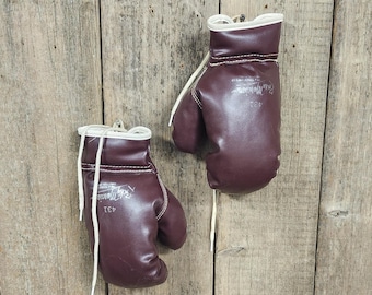May include: A pair of maroon boxing gloves with white laces and trim, hanging against a weathered wooden background. The gloves have visible stitching and text, suggesting a vintage or antique aesthetic. The gloves are a classic boxing accessory.