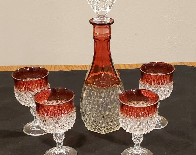 Ruby Diamond Point Indiana Glass Ruby Diamond Point Glassware, 6 Piece Set Wine Decanter ...