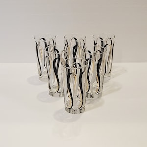 Libbey Glasses, Set of 6 Libbey Black, Gold and White Ribbon Drink Glasses, Drink Glasses, Bar Glasses, Barware, Vintage Libbey Glasses