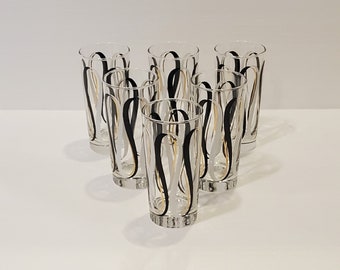 Libbey Glasses, Set of 6 Libbey Black, Gold and White Ribbon Drink Glasses, Drink Glasses, Bar Glasses, Barware, Vintage Libbey Glasses