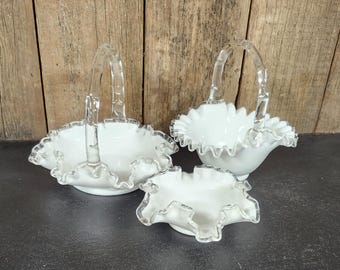 Set of 3 Vintage Fenton White Silver Crest Ruffled Edged Glassware