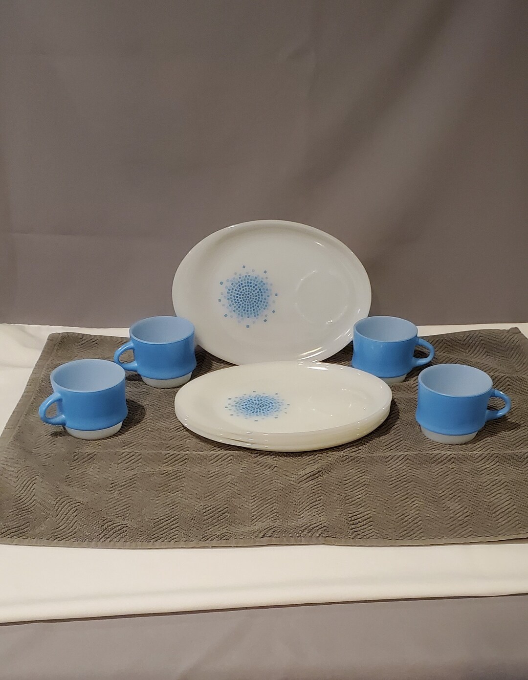 Vintage Snack Set, 4 2 Piece Anchor Hocking, Fire King, Blue and White Snack Sets, Blue Mosaic