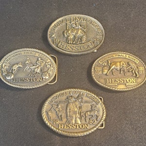 Set of 4 Hesston National Rodeo Finals Collector Belt Buckles, 1979, 1980, 1981, 1982, Hesston Buckles, National Rodeo Buckles