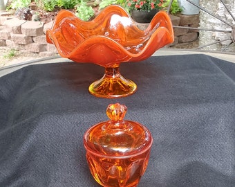 2 Piece Set Viking Persimmon Amberina Candy Dish and Footed Dish