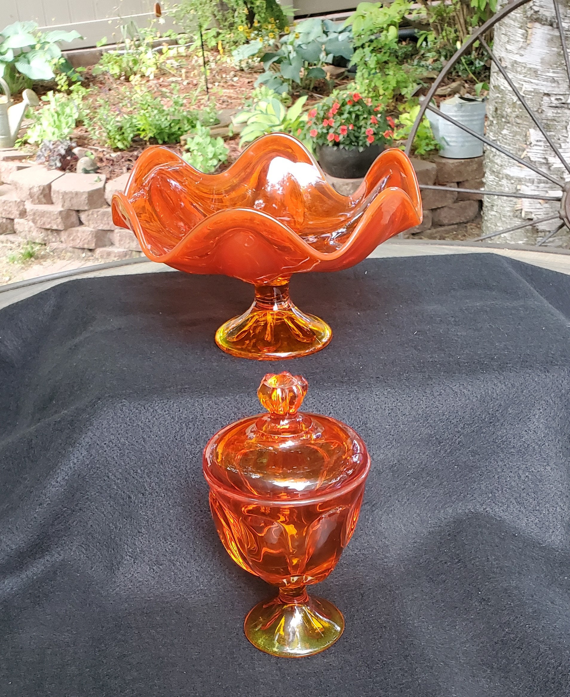 2 Piece Set Viking Persimmon Amberina Candy Dish and Footed Dish