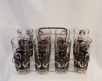 Libbey Glasses, Set of 8 Libbey Coins of the World Glasses in Caddy, Black and Gold Glasses, MCM Glasses, Glass Caddy, Drink Glasses