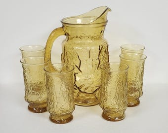 Vintage Anchor Hocking 7 Piece Set Amber Rainflower Pitcher Set,  Amber Water Pitcher Set, Iced Tea Set