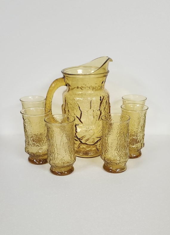 Vintage Anchor Hocking 7 Piece Set Amber Rainflower Pitcher Set