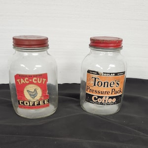 Vintage Coffee Jars, Tones, Tac-Cut, Quart Coffee Jars, Old Coffee Containers, Glass Containers for Coffee