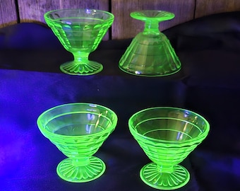 Vintage Uranium Glass Sherbet Dessert Cups, Set of 4, Anchor Hocking Block Optic Uranium Glass Sherbet Dessert Cups