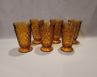 Glasses, Cubist Whitehall by Indiana Glass, Set of 6 Amber Footed 12 Ounce Glasses, MCM Glasses, MCM Glassware, Vintage Glassware, Gold MCM