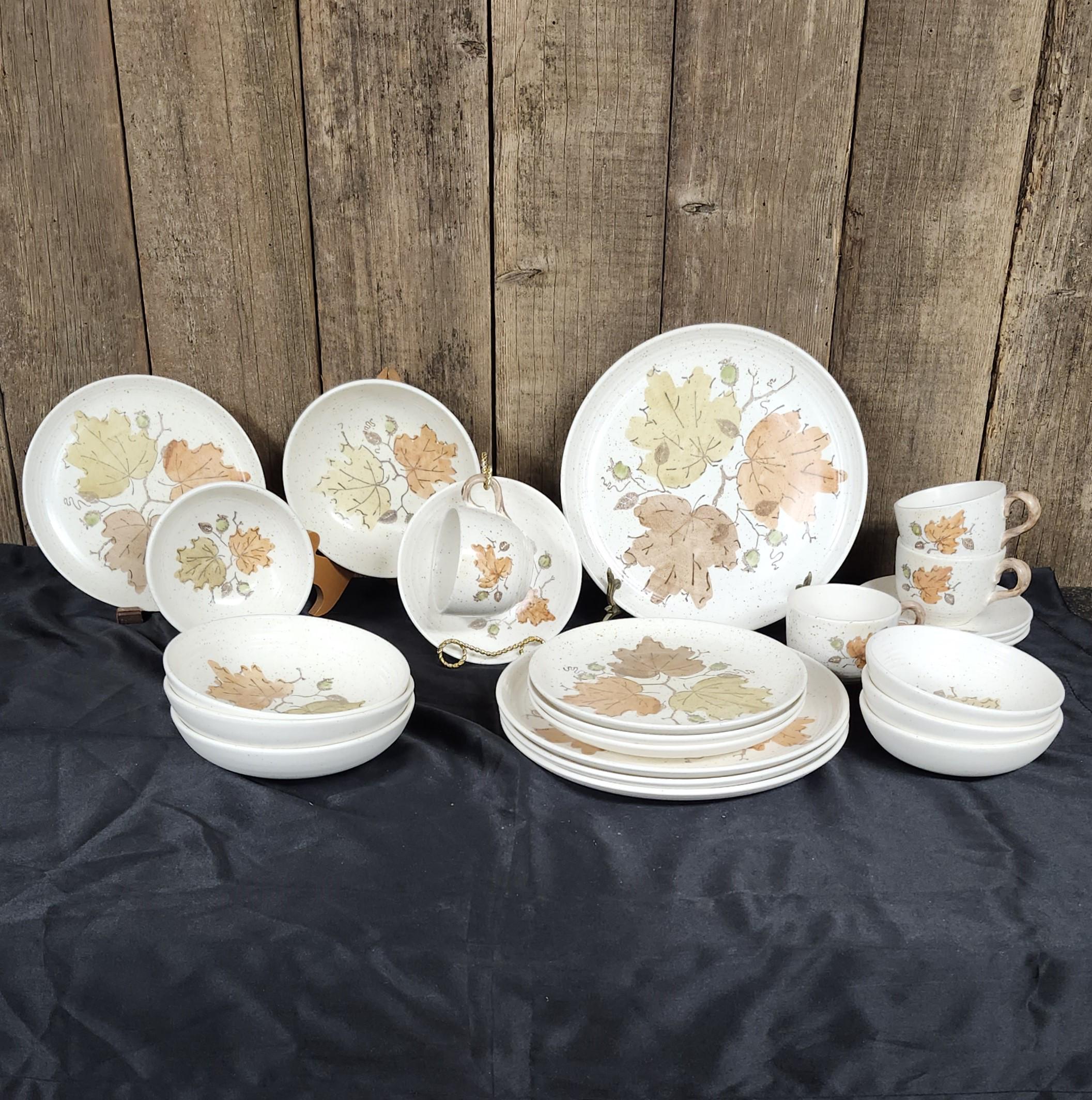 12 Pc Set Vintage Metlox Poppytrail Woodland Gold Dinnerware, MCM