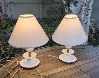 Set of 2 Vintage White Hobnail Milk Glass Table Lamps, Boudoir Table Lamps, Bedside Table Lamps