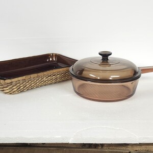 Vintage 4 Piece Set of Mixed Amber Visions Pan with Lid and a Fire King Bakeware Pan with Basket, Amber Visions, Fire King, Fireking