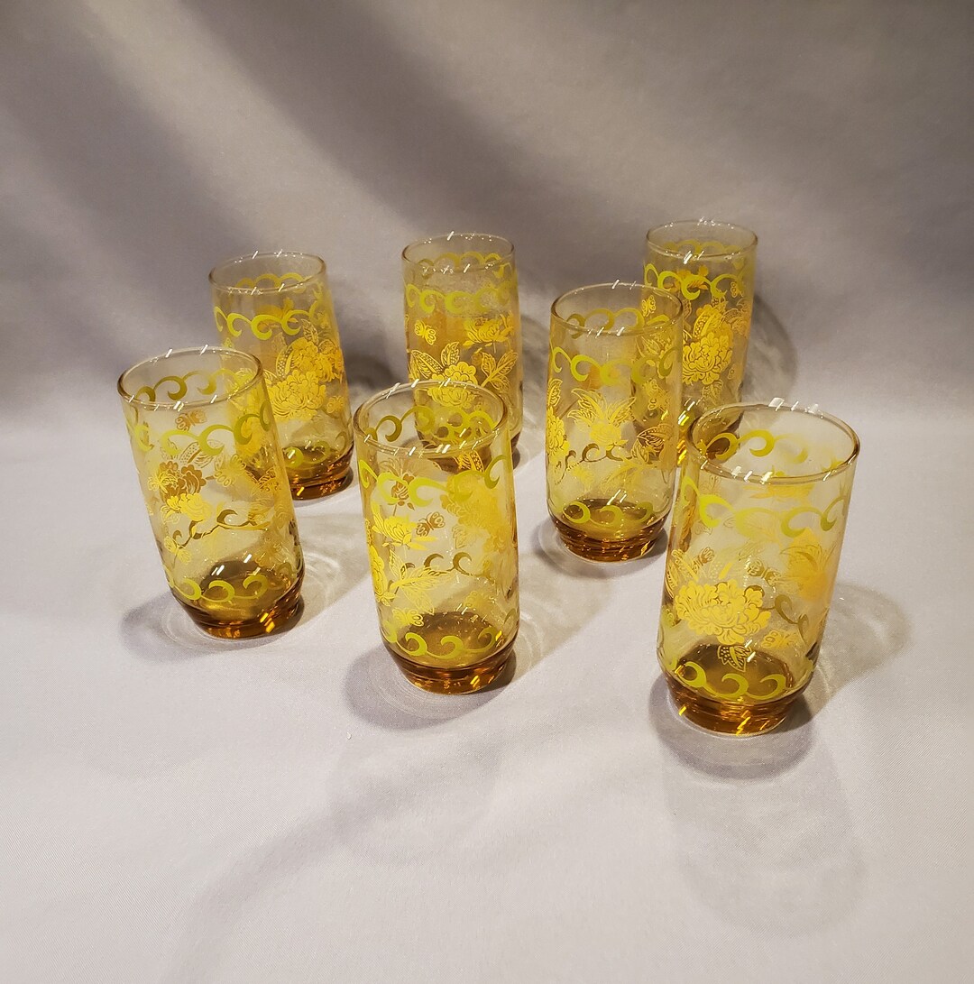 Libbey Glasses Set of 7 MCM Libbey Glasses in Green and Gold Etsy