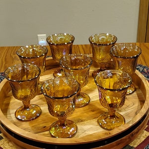 Set of 8 Goblets, Indiana Glass Harvest Grape Amber Carnival Glass Goblets, Harvest Grape Pattern, Amber Glass, Carnival Glass