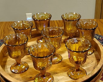 Set of 8 Goblets, Indiana Glass Harvest Grape Amber Carnival Glass Goblets, Harvest Grape Pattern, Amber Glass, Carnival Glass