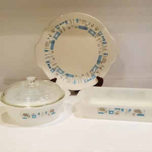 Royal China Blue Heaven Accessories, 4 Piece Set, Royal China Blue Heaven Casserole Dish with Lid, Lasagna Dish, and Platter, Atomic