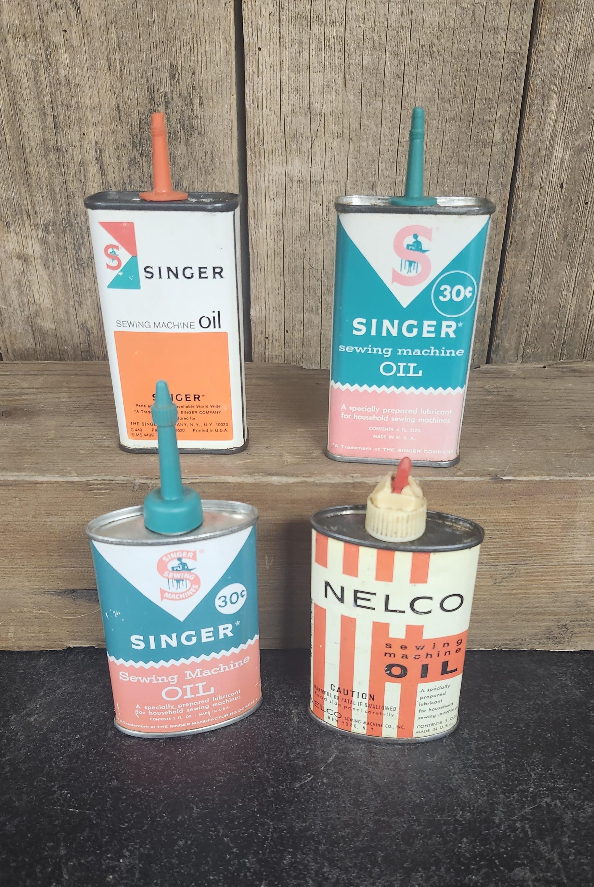 Vintage Singer and Nelco Sewing Machine Oil Cans: Set of 4