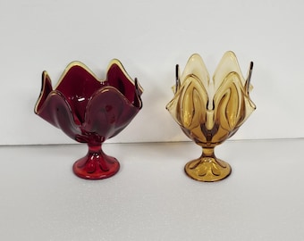 2 Piece Set of Vintage Viking Ruby Red Amberina and Amber Handkerchief Compotes