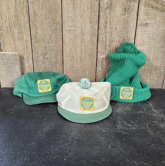 Vintage 1970's Squealer Feeds Caps, Set of 3, Farm Caps, Farm Hats, Squealer Feeds
